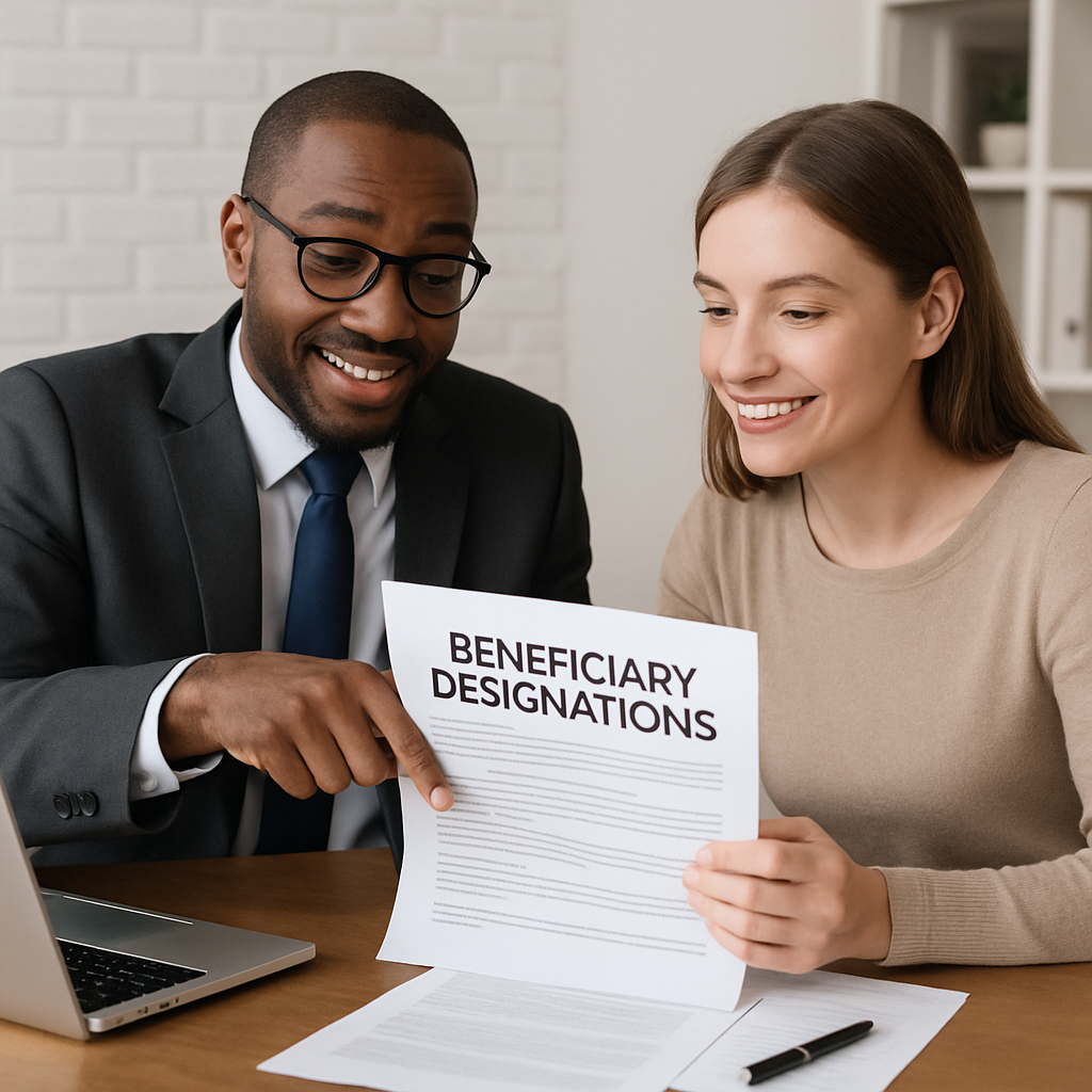 A financial advisor and female client sit together to review her beneficiary designations